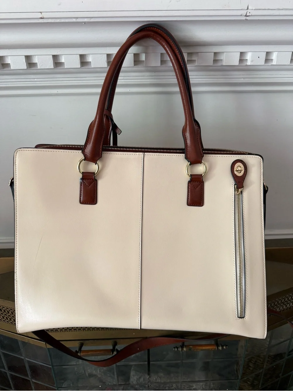 Bostanten- Machk Vintage Style Leather Briefcase- Beige/Brown